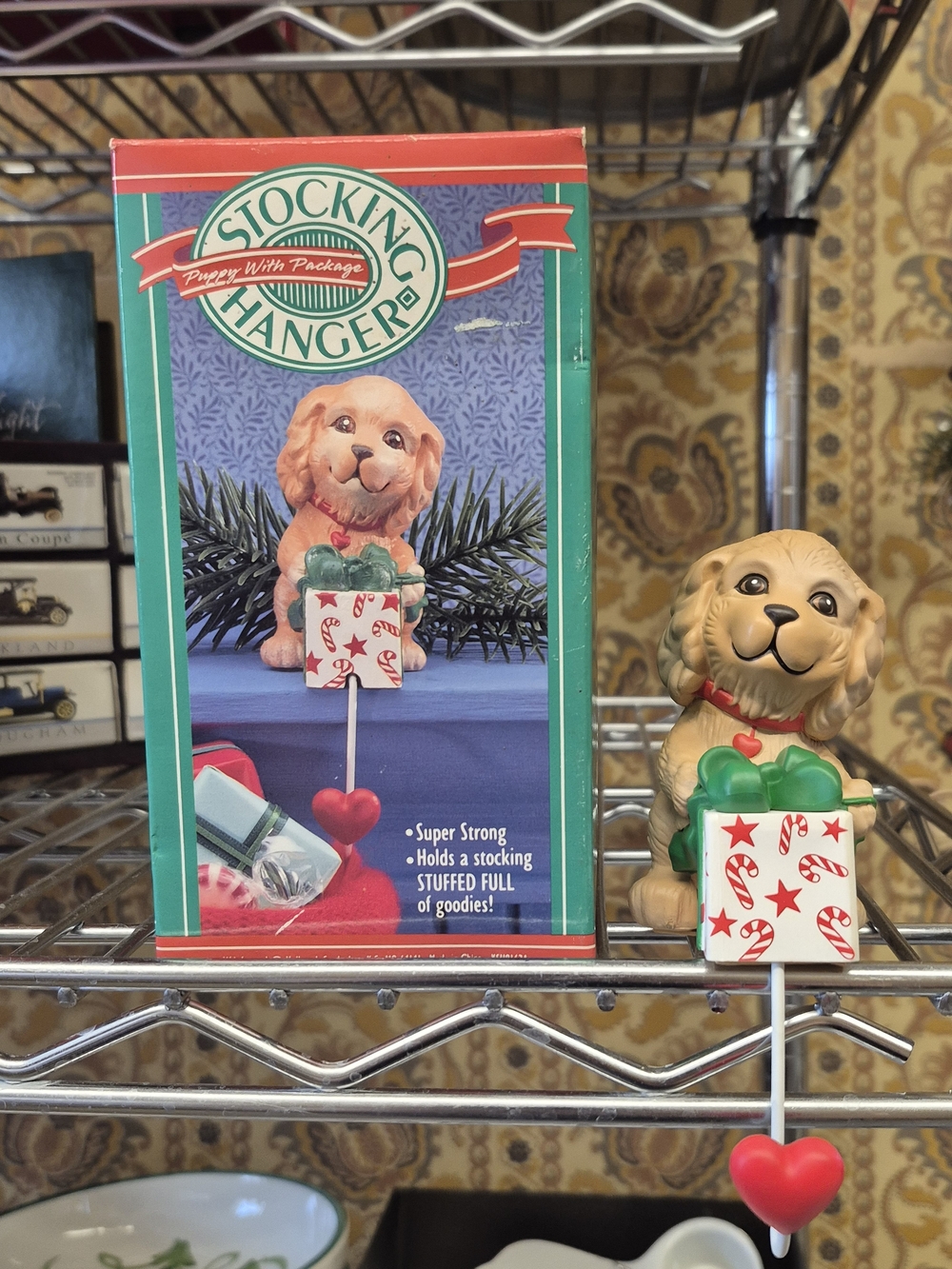 Hallmark Vtg. 1998 Tan Puppy Stocking Hanger with Red Heart and Green Bow